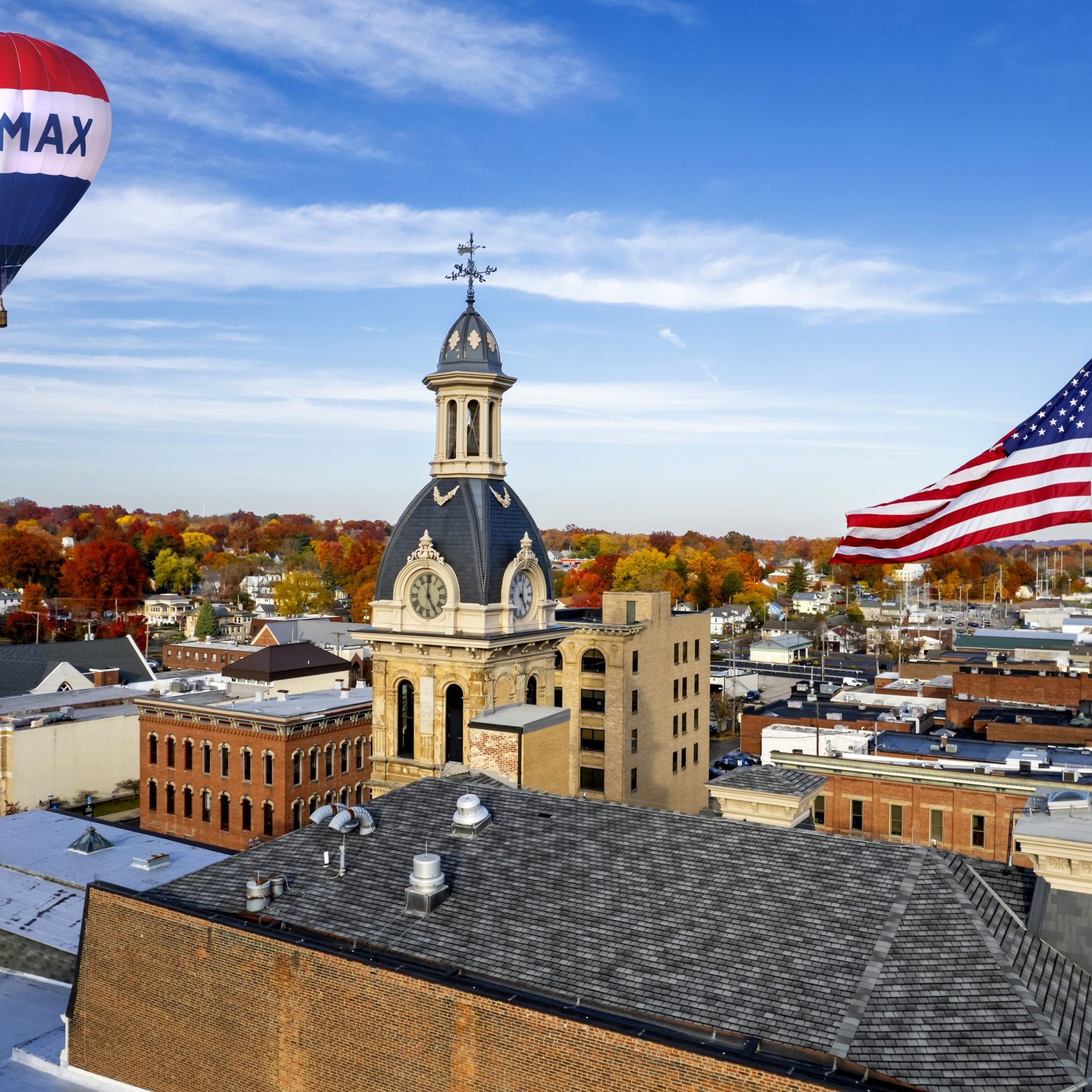 Aerial view of Wooster, Ohio courthouse and surrounding neighborhoods, representing homes for sale in Wooster.